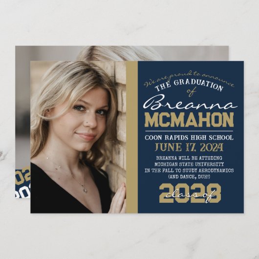 Navy Blue & Bronze Afstuderen 2 Fotoaankondiging Kaart (Voorkant / Achterkant)