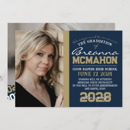 Navy Blue & Bronze Afstuderen 2 Fotoaankondiging Kaart