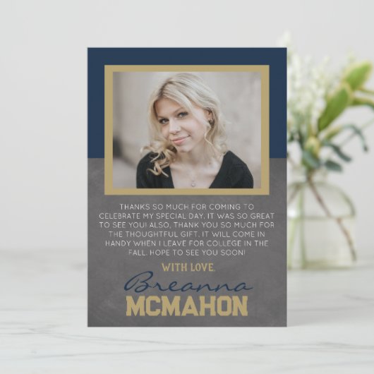 Navy Blue & Bronze Afstuderen foto dank u kaart (Staand voorkant)