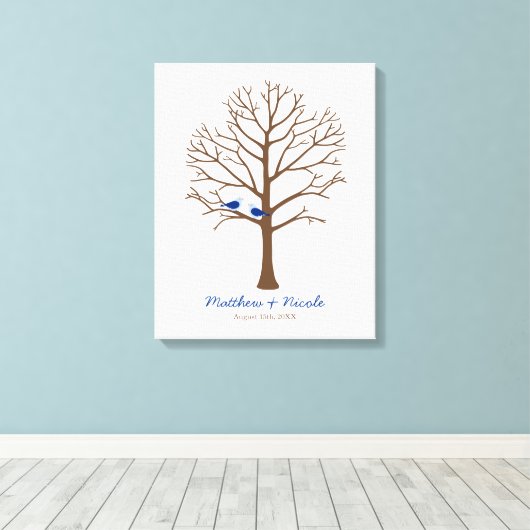 Navy Blue Brown Birds Fingerprint Tree Weddenschap Canvas Afdruk (Insitu (Houten vloer))