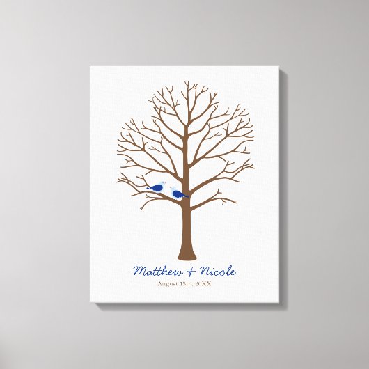 Navy Blue Brown Birds Fingerprint Tree Weddenschap Canvas Afdruk (Voorkant)