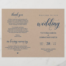 Navy Blue, Brown Kraft, Wedding Foldable Programme
