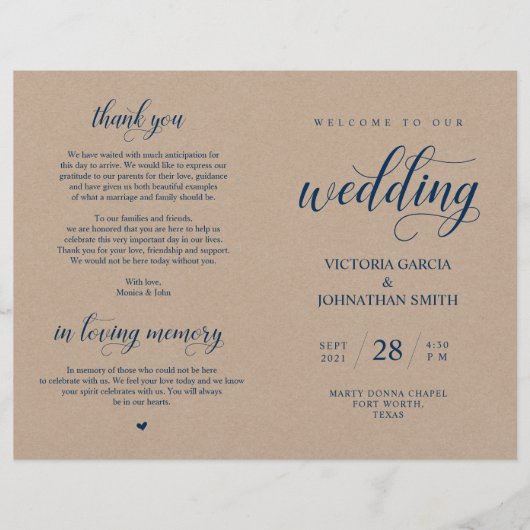 Navy Blue, Brown Kraft, Wedding Foldable Programme (Voorkant)