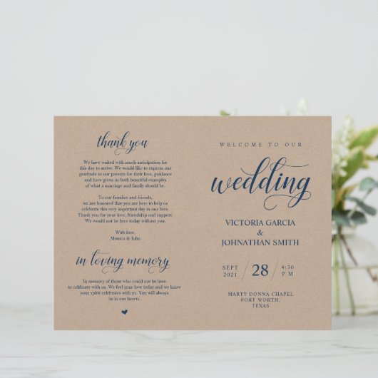 Navy Blue, Brown Kraft, Wedding Foldable Programme (Staand voorkant)