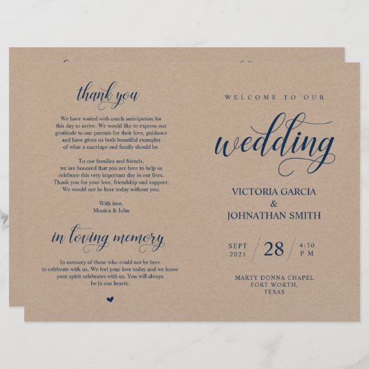 Navy Blue, Brown Kraft, Wedding Foldable Programme (Voorkant / Achterkant)