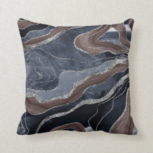 Navy Blue Brown Marble Agate Silver Glitter Glam 1 Kussen