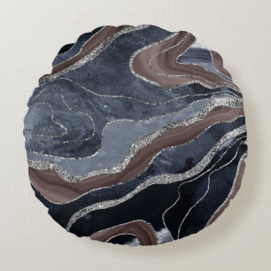 Navy Blue Brown Marble Agate Silver Glitter Glam 1 Rond Kussen