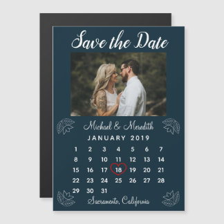 Navy Blue Bruiloft Kalender Foto Opslaan van de Da Magnetische Uitnodiging