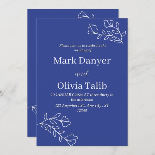 Navy Blue bruiloft uitnodiging | Elegant tijdloos (Voorkant / Achterkant)