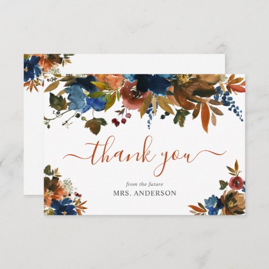 Navy Blue Bruin Verliefd in de Herfst Bruiloft Bedankkaart (Voorkant / Achterkant)