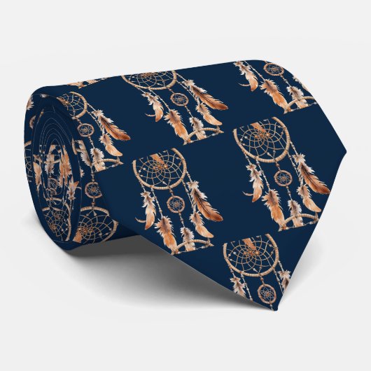 Navy Blue Bruine Dream Catcher Native American Stropdas (Opgerold)