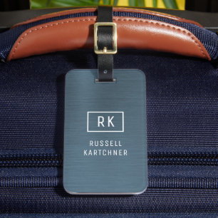 Navy Blue Brushed Metal Modern Monogram Bagagelabel