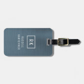 Navy Blue Brushed Metal Modern Monogram Bagagelabel (Voorkant horizontaal)