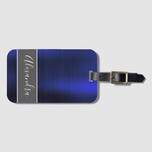 Navy Blue Brushed Metal Monogram Naam Bagagelabel (Voorkant (horizontaal))