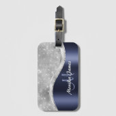 Navy Blue Brushed Metal Monogram Naam en Initiaal Bagagelabel (Voorkant (verticaal))