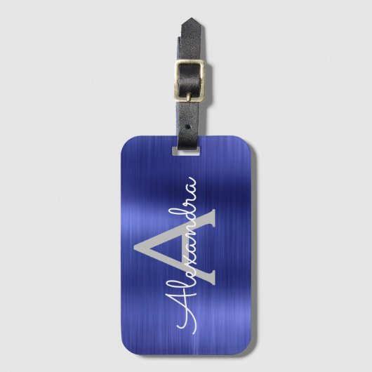 Navy Blue Brushed Metal Monogram Naam en Initiaal Bagagelabel (Voorkant (verticaal))