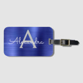 Navy Blue Brushed Metal Monogram Naam en Initiaal Bagagelabel (Voorkant (horizontaal))