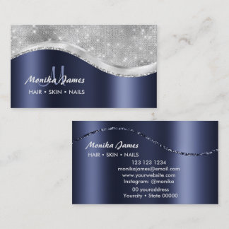 Navy Blue Brushed Metal Monogram Naam en Initiaal Visitekaartje