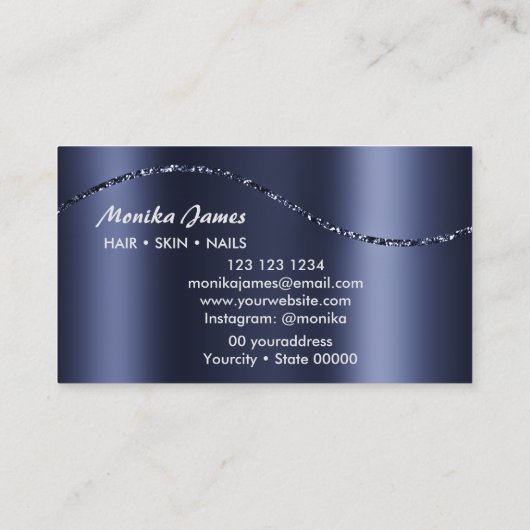 Navy Blue Brushed Metal Monogram Naam en Initiaal Visitekaartje (Achterkant)