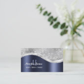 Navy Blue Brushed Metal Monogram Naam en Initiaal Visitekaartje (Staand voorkant)