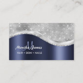 Navy Blue Brushed Metal Monogram Naam en Initiaal Visitekaartje (Voorkant)