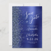 Navy Blue Brushed Metal Script Save the Date Aankondiging (Voorkant)