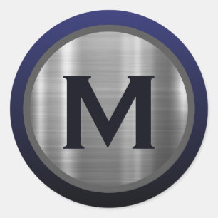 Navy Blue Brushed Silver Monogram Ronde Sticker