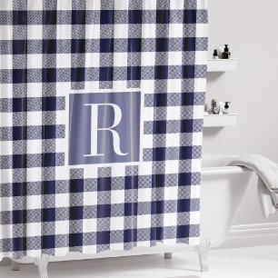 Navy Blue Buffalo Check Monogram Douchegordijn