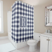 Navy Blue Buffalo Check Monogram Douchegordijn (In situ)