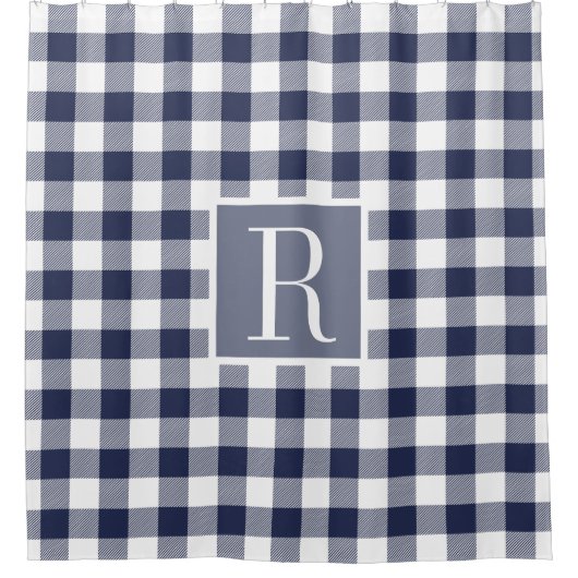 Navy Blue Buffalo Check Monogram Douchegordijn (Voorkant)