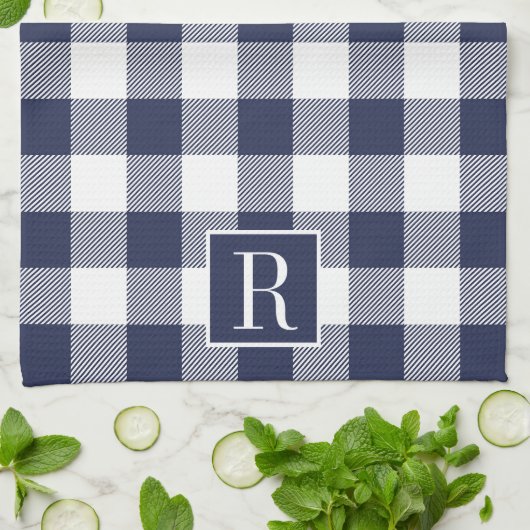 Navy Blue Buffalo Check Monogram Theedoek (Gevouwen)
