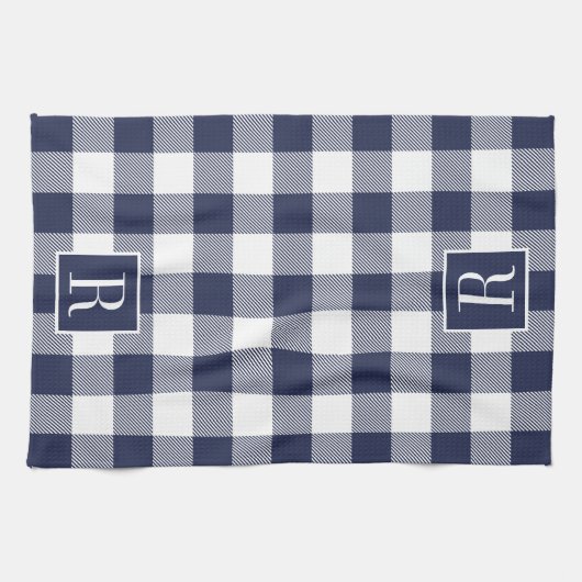 Navy Blue Buffalo Check Monogram Theedoek (Horizontaal)