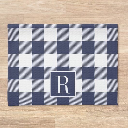 Navy Blue Buffalo Check Monogram Theedoek