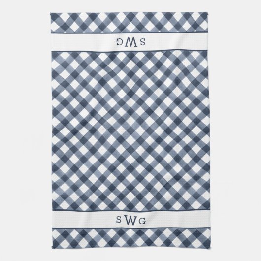 Navy Blue Buffalo, drie Initiaal monogram Theedoek (Verticaal)