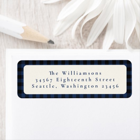Navy Blue Buffalo geruite aangepaste retouradres Etiket (Insitu)