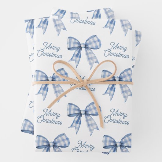 Navy Blue Buffalo Plaid Bow Check Vrolijk Kerstfee Inpakpapier Vel (In situ)