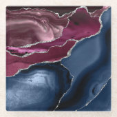 Navy Blue Burgundy Agate Silver Glitter Glazen Onderzetter (Voorkant)