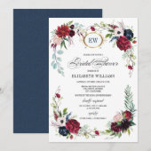 Navy Blue, Burgundy Bloom Waterverf Vrijgezellenfe Kaart (Voorkant / Achterkant)