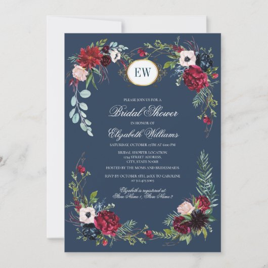 Navy Blue, Burgundy Bloom Waterverf Vrijgezellenfe Kaart (Voorkant)