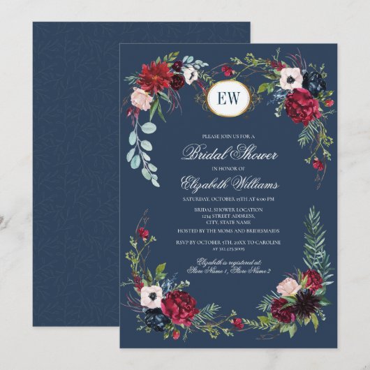 Navy Blue, Burgundy Bloom Waterverf Vrijgezellenfe Kaart (Voorkant / Achterkant)