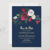 Navy blue | Burgundy Bloom Wedding Save the Date Kaart (Voorkant)