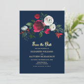 Navy blue | Burgundy Bloom Wedding Save the Date Kaart (Staand voorkant)