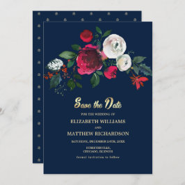 Navy blue | Burgundy Bloom Wedding Save the Date Kaart