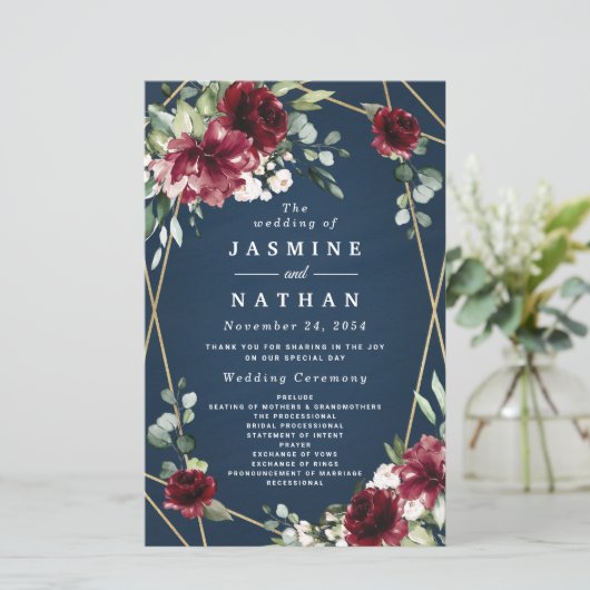 Navy Blue Burgundy Blush en Gold Wedding Programs (Staand voorkant)
