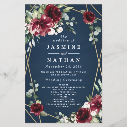 Navy Blue Burgundy Blush en Gold Wedding Programs (Voorkant)
