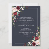Navy Blue Burgundy Blush Floral Photo Weddenschap Kaart (Voorkant)