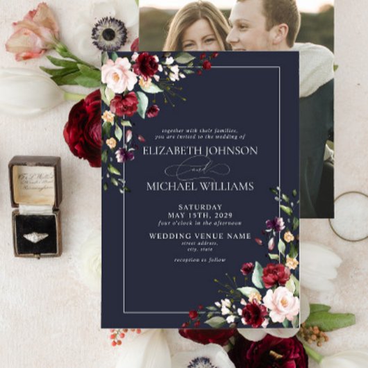 Navy Blue Burgundy Blush Floral Photo Weddenschap Kaart