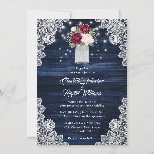 Navy Blue Burgundy Blush Floral Wedding Kaart (Voorkant)