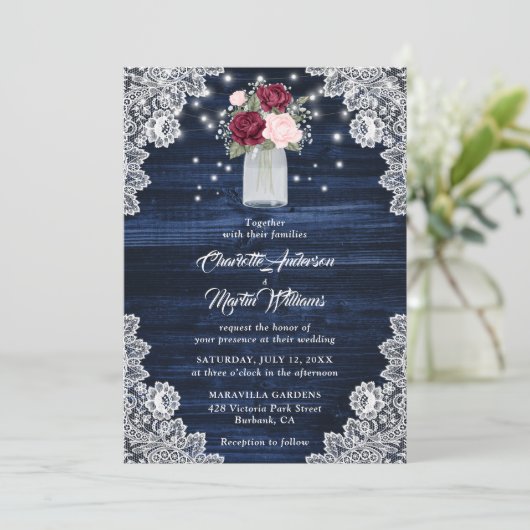 Navy Blue Burgundy Blush Floral Wedding Kaart (Staand voorkant)