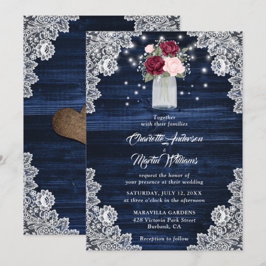 Navy Blue Burgundy Blush Floral Wedding Kaart (Voorkant / Achterkant)